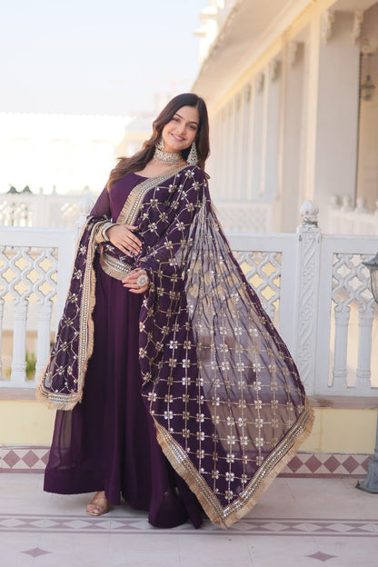 Wine Faux Blooming Gown with Dupatta Featuring Attractive Embroidered Sequins Work and Lace Border