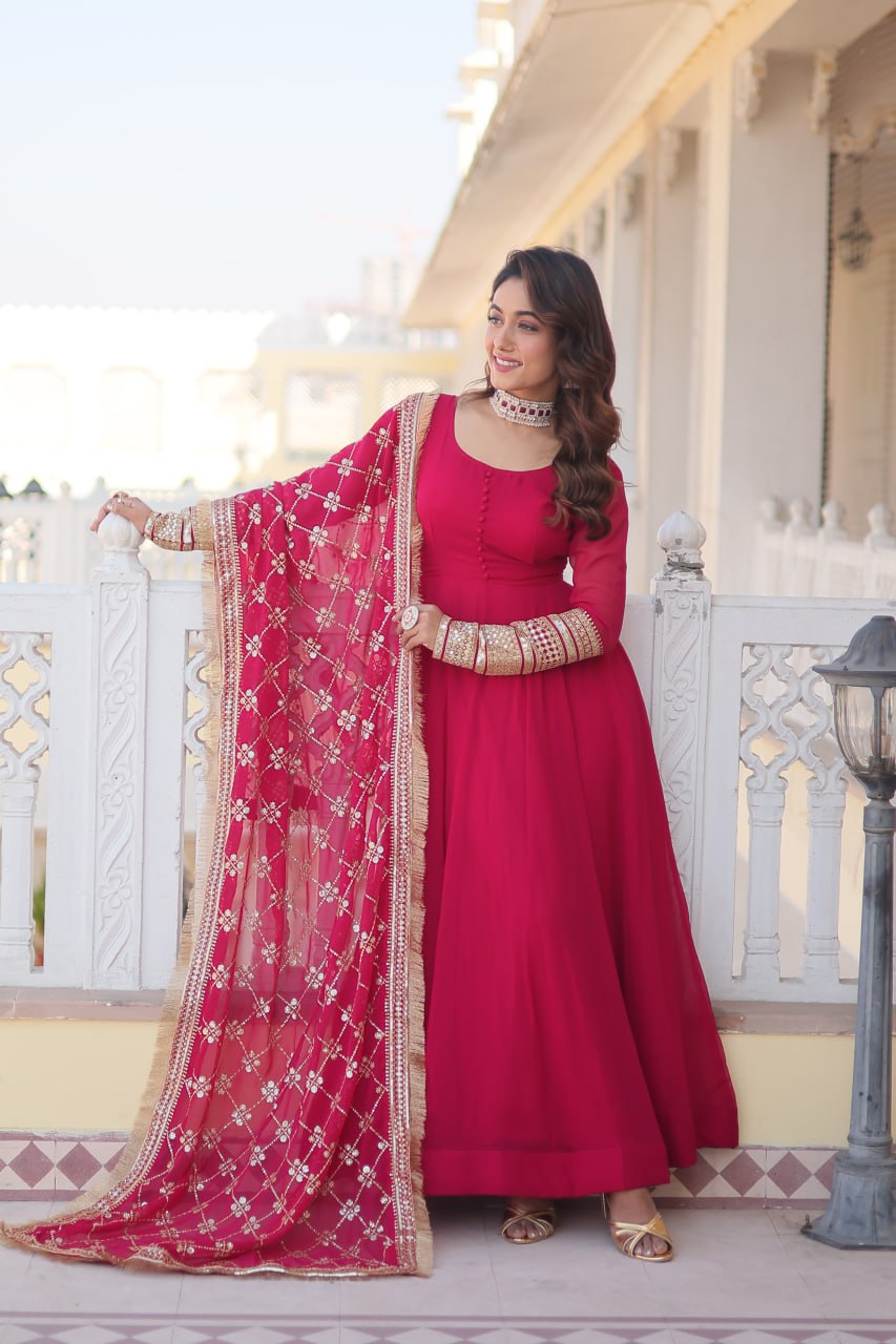 Wine Faux Blooming Gown with Dupatta Featuring Attractive Embroidered Sequins Work and Lace Border