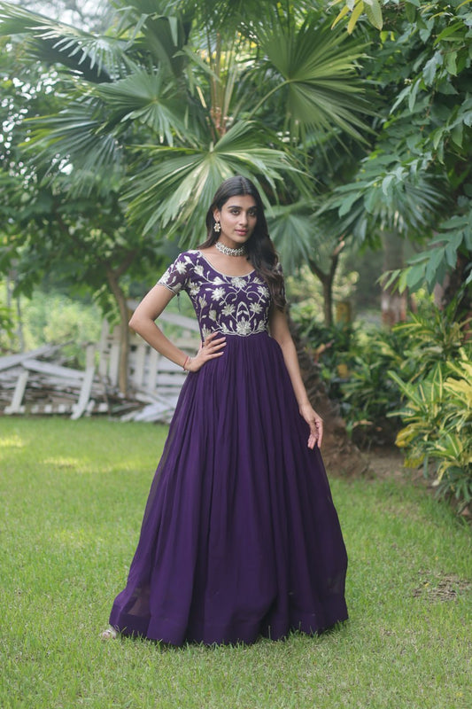 Captivating Purple Color Embroidered Work Long Gown