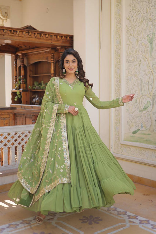 Green Captivating Unique Colored Faux Georgette Embroidered Gown with Sequined Dupatta