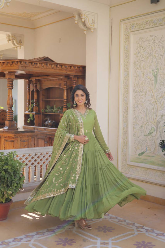 Green Captivating Unique Colored Faux Georgette Embroidered Gown with Sequined Dupatta
