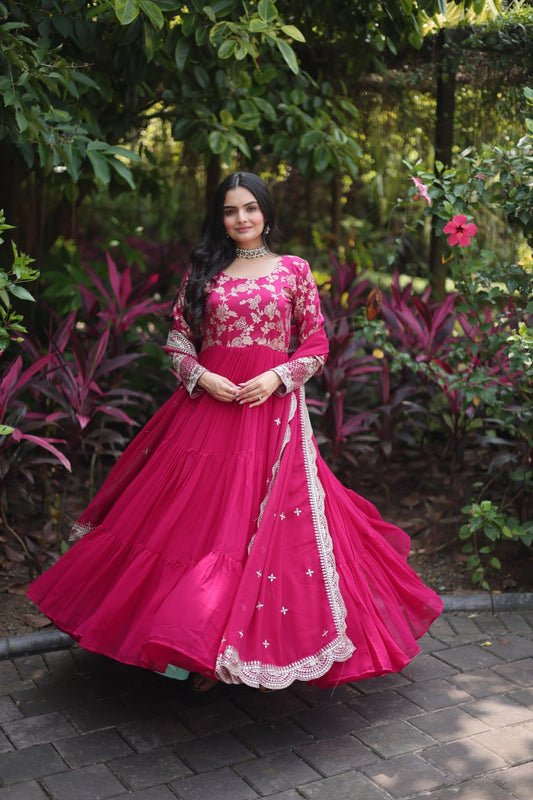 Attractive wine Color Sequence Work Anarkali Gown With Dupatta