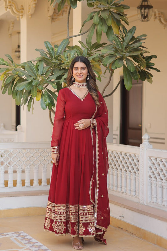 Maroon Sparkling Faux Blooming Gown with Embroidered Sequins & Designer Lace Dupatta