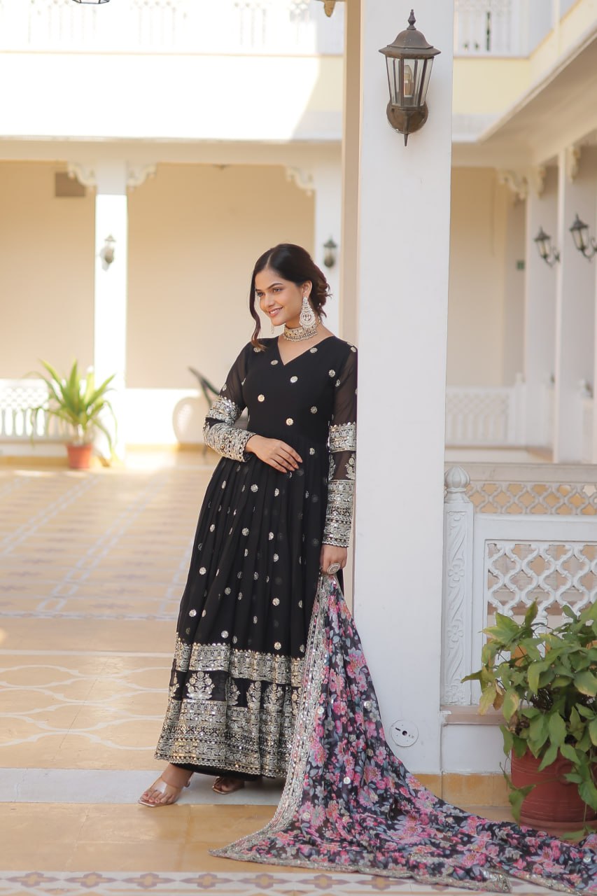 Exquisite Premium Designer Faux Georgette Gown with Embroidered Zari Sequins and Tabby Silk Dupatta