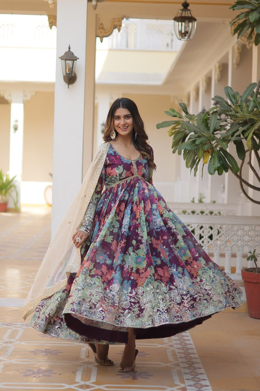 Elegant Alia Cut Gown | Digital Print & Sequins | Readymade Luxury Look
