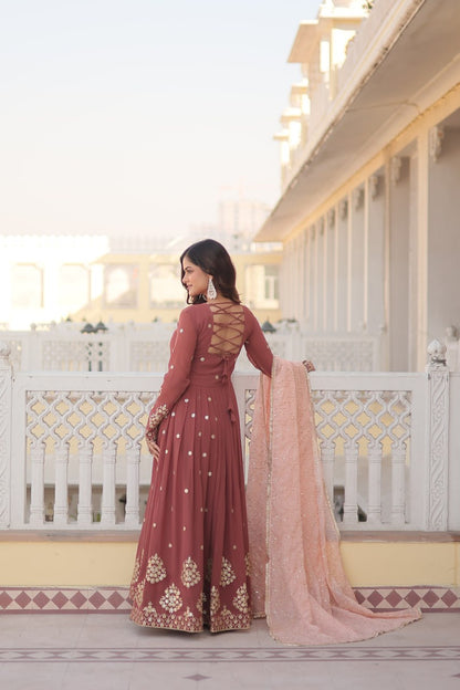 Wine Luxury Designer Gown with Zari Thread & Sequins Embroidery - Elegant Attire for Desirable Women
