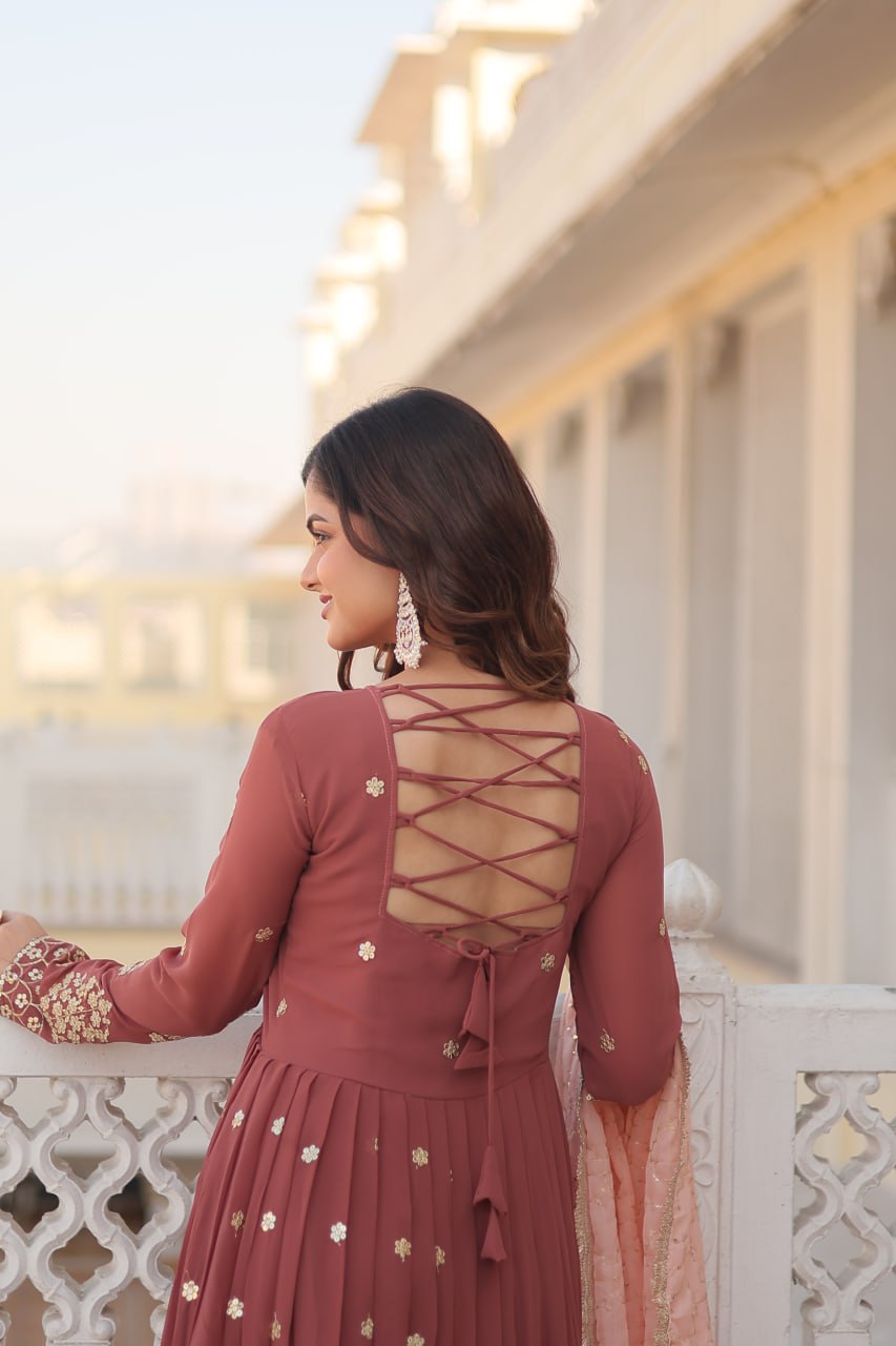 Wine Luxury Designer Gown with Zari Thread & Sequins Embroidery - Elegant Attire for Desirable Women