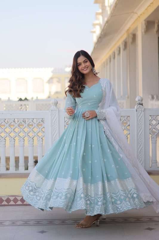 Cyan Luxe Thread & Sequins Embroidered Designer Gown with Russian Silk Dupatta