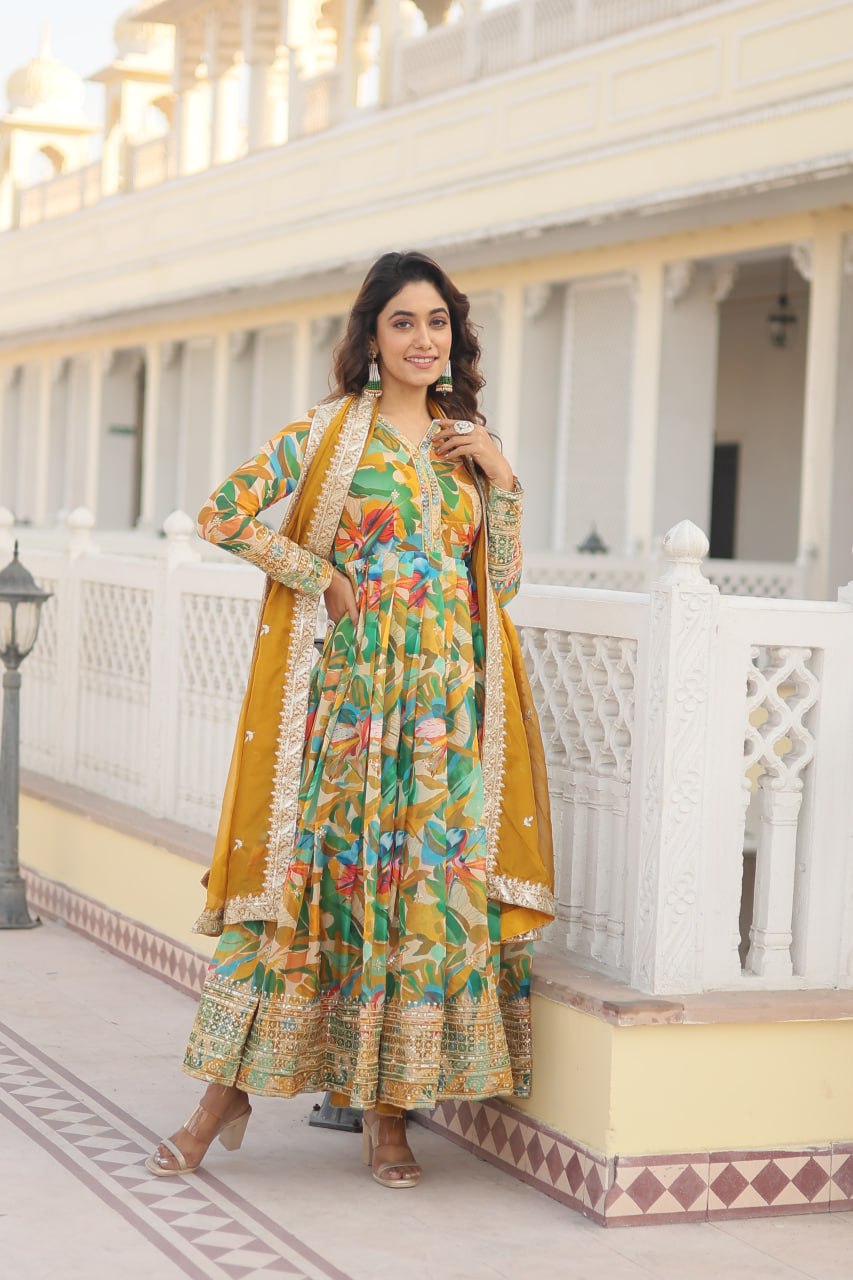 Luxurious Green Readymade Gown with Embroidered Dupatta Set