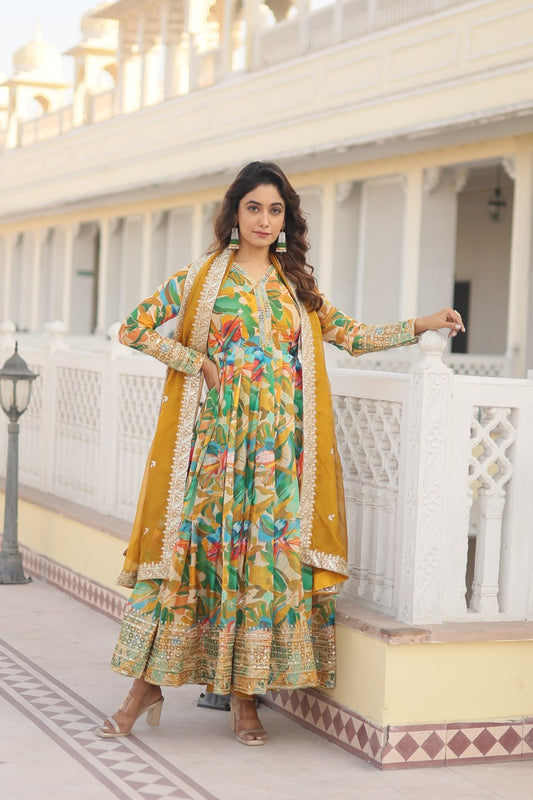 Luxurious Green Readymade Gown with Embroidered Dupatta Set