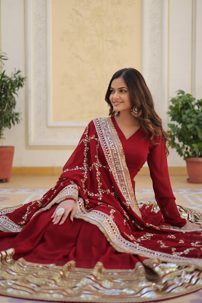 Maroon Luxurious Faux Blooming Embroidered Gown with Sequins & Designer Lace Dupatta