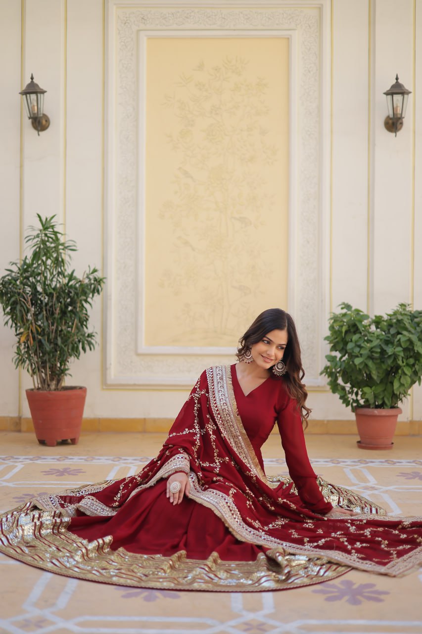 Maroon Luxurious Faux Blooming Embroidered Gown with Sequins & Designer Lace Dupatta