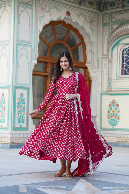Wine Embroidered Faux Blooming Gown with Sequin Dupatta