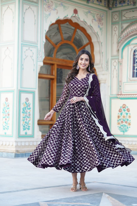 Wine Embroidered Faux Blooming Gown with Sequin Dupatta