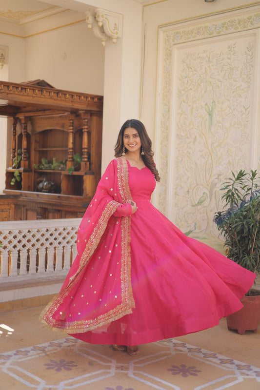 Enchanting Pink Russian Silk Gown-Dupatta Set with Exquisite Sequined Embroidery and Lace Border