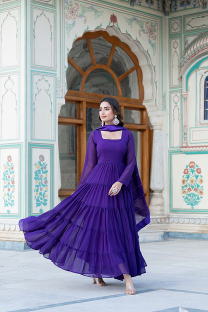 Alluring Parrot Purple Faux Georgette Gown with Sequined Dupatta