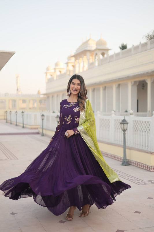 Exquisite Purple Faux Georgette Gown with Embroidered Threadwork and Russian Silk Dupatta