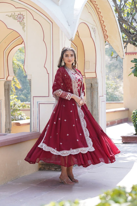 Wine Faux Georgette Embroidered Dresses and Gown Party Wear