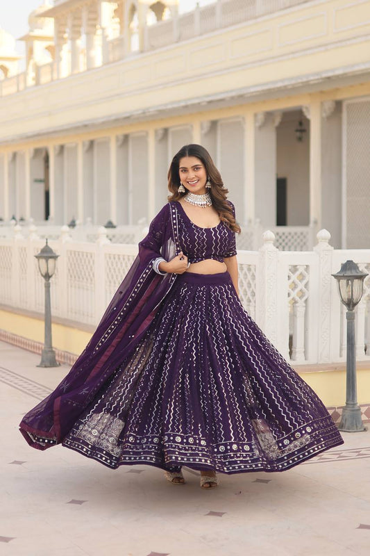 Gorgeous Purple Chikankari Lehenga Choli Set With Glittery Sequins Finish